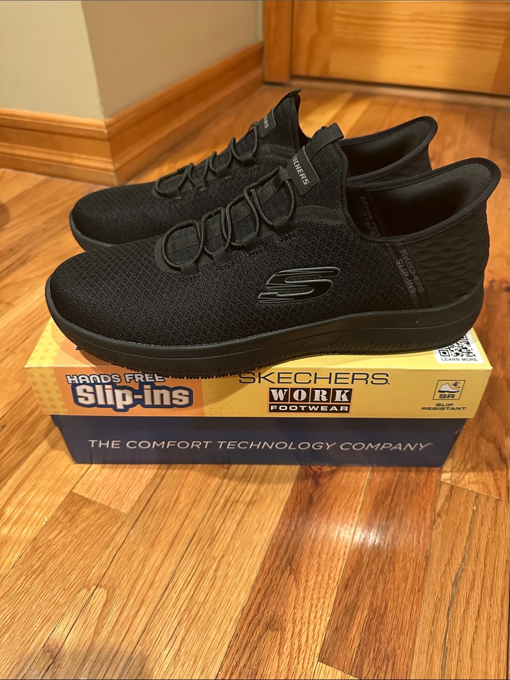 Skechers Black Slip-On Knit Work Sneakers - Picture 2 of 5